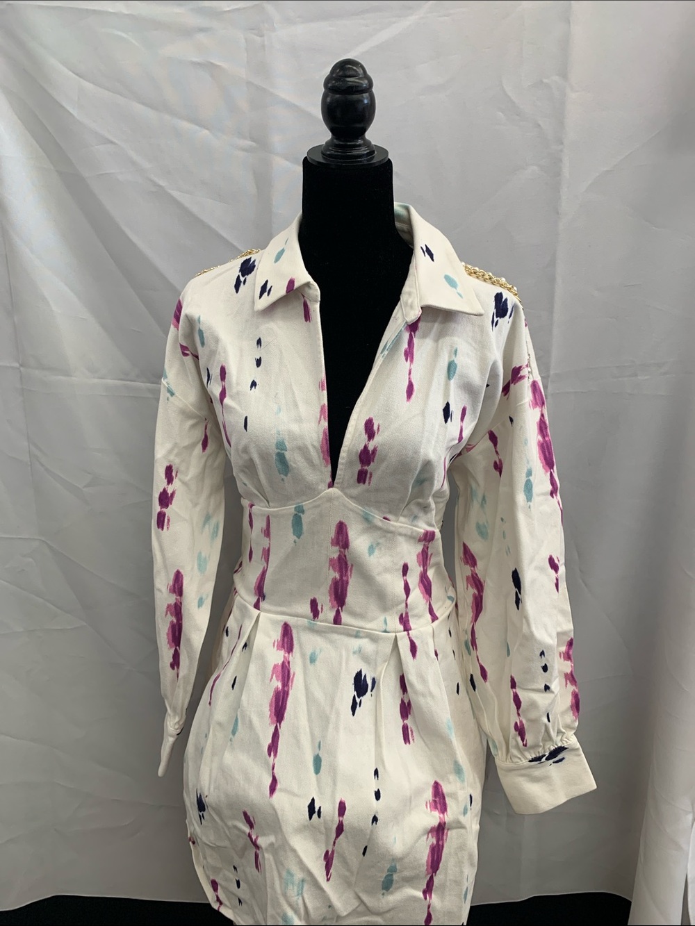 White Long Sleeve V-Neck Dress with Pink & Teal Brushstroke Print